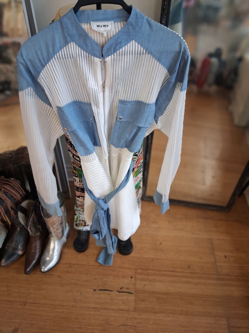 Blue & White Mini Dress with Tie Waist